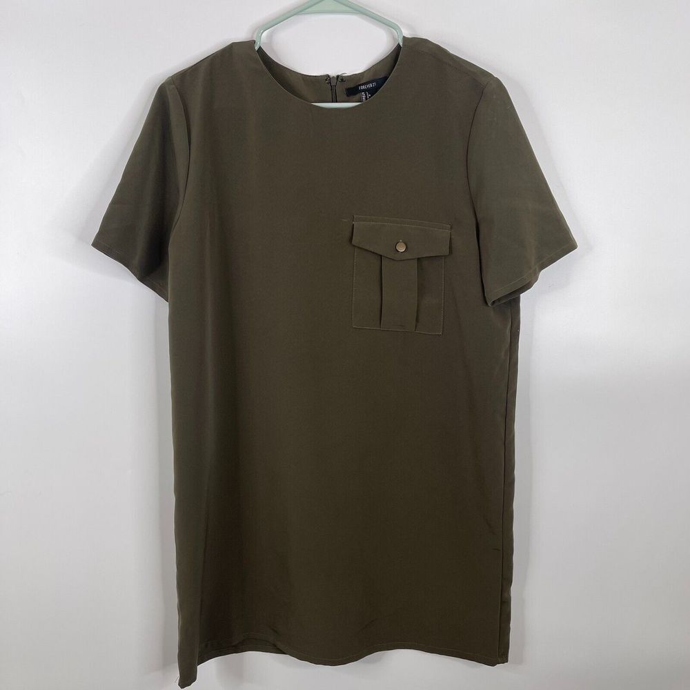 Forever 21 Womens Dress Size L Shift Short Sleeve Solid Green Round Neck Short‎